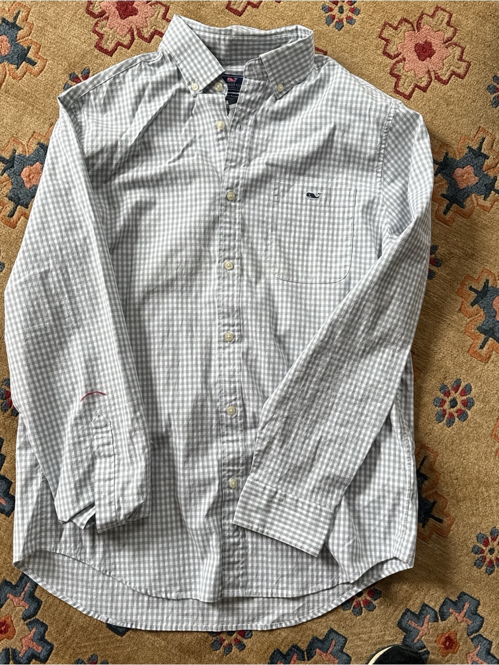 Vineyard Vines Men's Light Gray and White Gingham Button-Down Shirt